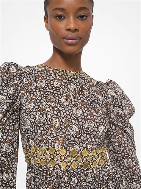 michael michael kors embellished paisley cotton lawn puff-sleeve dress